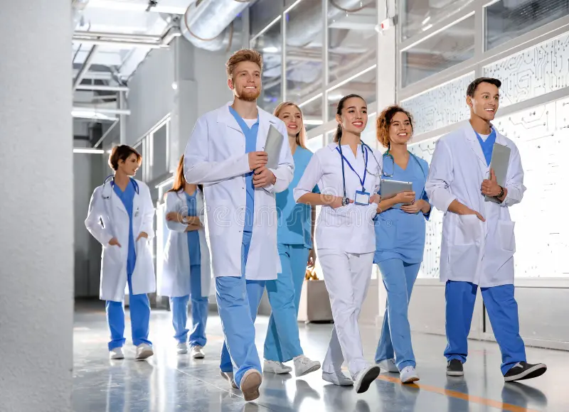 Medical students in hallway